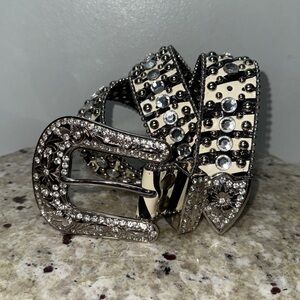 Zebra Print Studded Rhinestone Bling Western Genuine Leather Belt S/M (32-34)